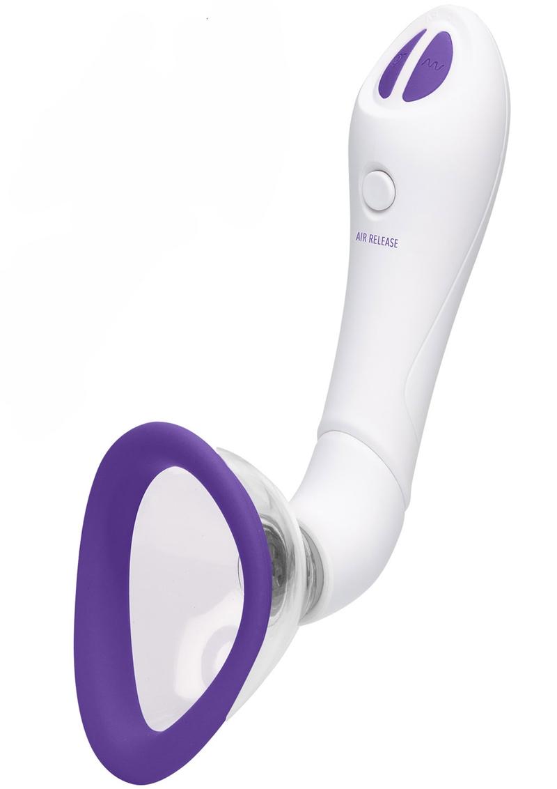 The white with purple Bloom Intimate Body Pump out of its packaging.