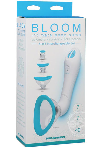 The packaging for the white with blue Bloom Intimate Body Pump.