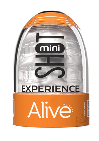The packaging for the Transparent Alive Mini Shot Masturbator.