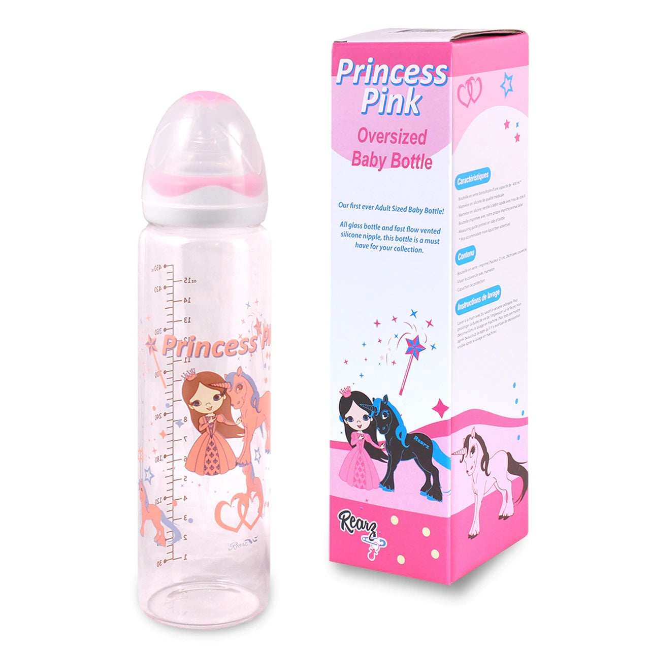 Glass Princess Pink Adult Baby Bottle sitting next to its box.