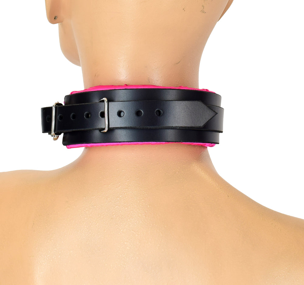 A mannequin displaying the rear of the Pink Satin Lined Buckling Bondage Collar.