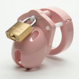 A short, light pink penis chastity device with all pieces locked together.
