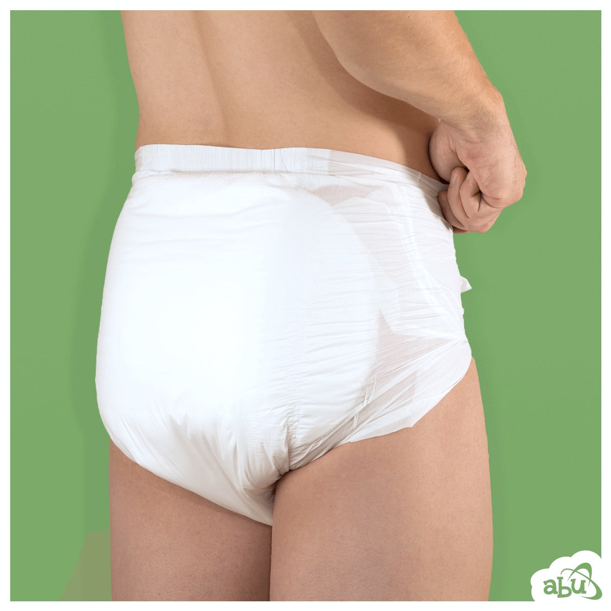 Rear view of diaper on model with no print on back.