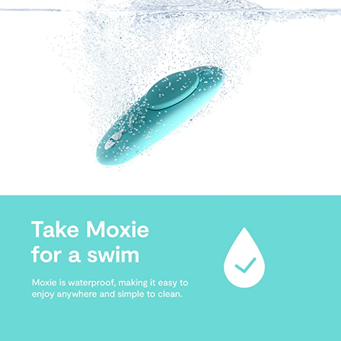 An illustrating showing that the We-Vibe Moxie+ Wearable Clitoral Vibrator is waterproof.