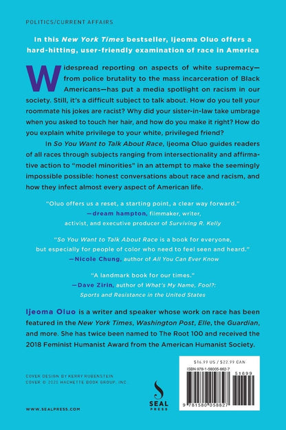 The back cover of So You Want to Talk About Race by Ijeoma Oluo.