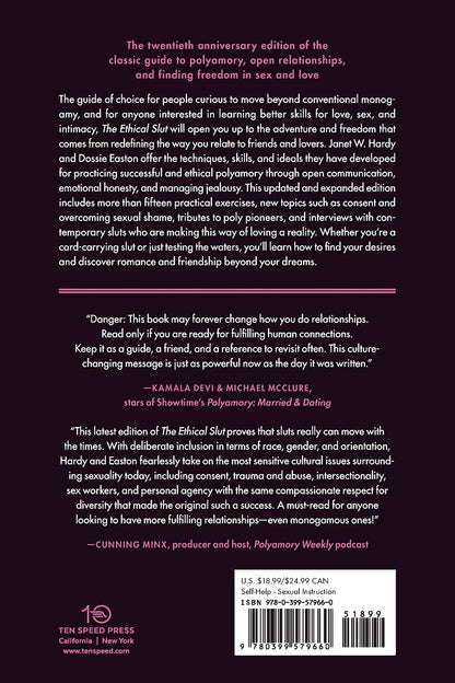 The back cover of The Ethical Slut. Text lies across the entire back of the book. 