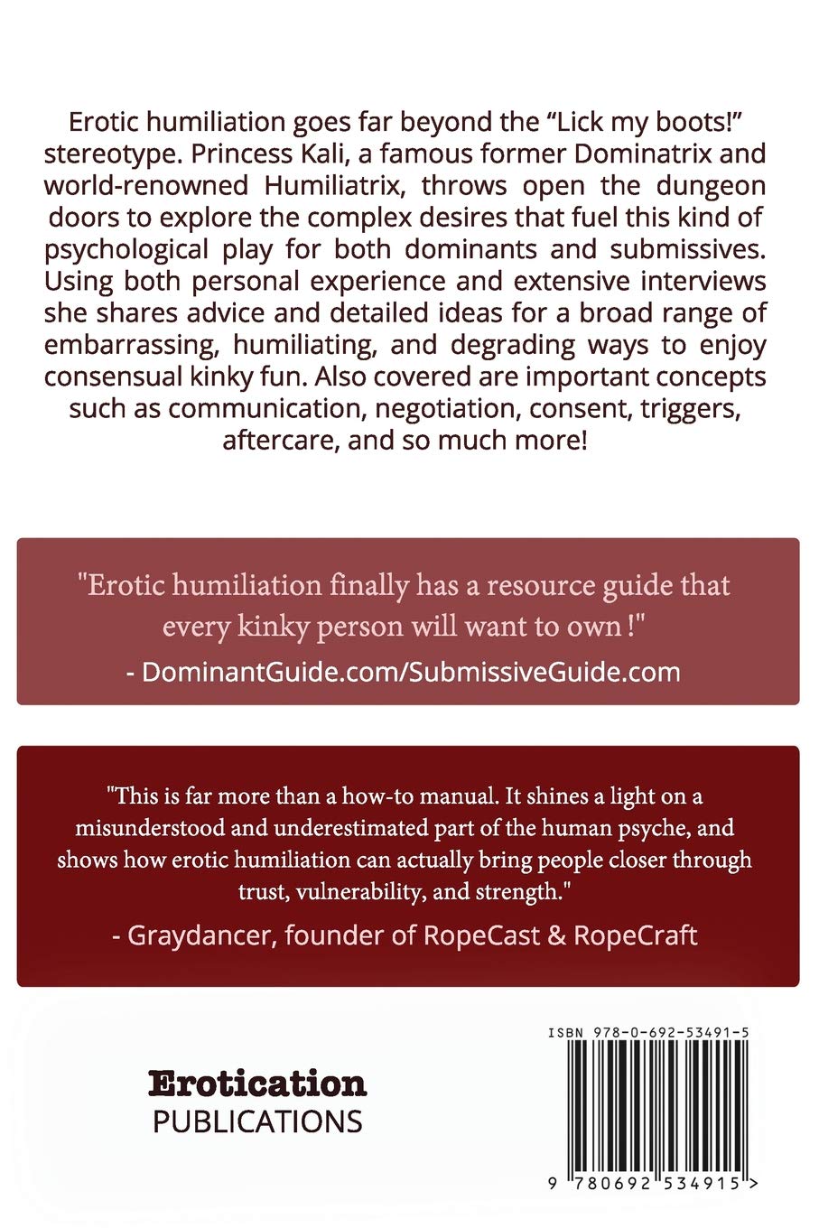 The back cover of Enough To Make You Blush: Exploring Erotic Humiliation (Workbook) - Princess Kali.