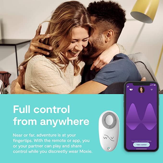 A couple in an embrace with caption that says, "Full control from anywhere", next to the We-Vibe Moxie+ Wearable Clitoral Vibrator and a cell phone featuring the Moxie app.