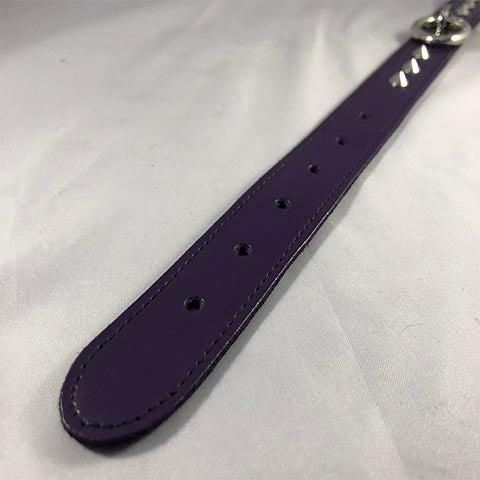 Close up of eyelets of purple leather rouge collar.