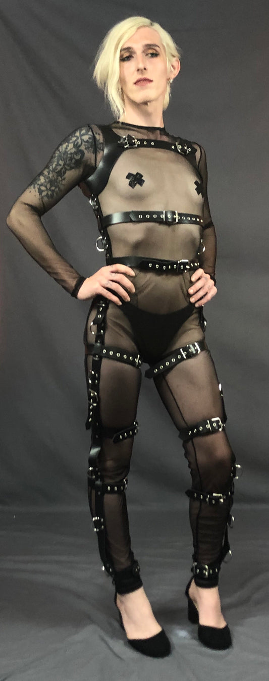 Black Cowhide Catsuit Body Harness on model wearing mesh catsuit