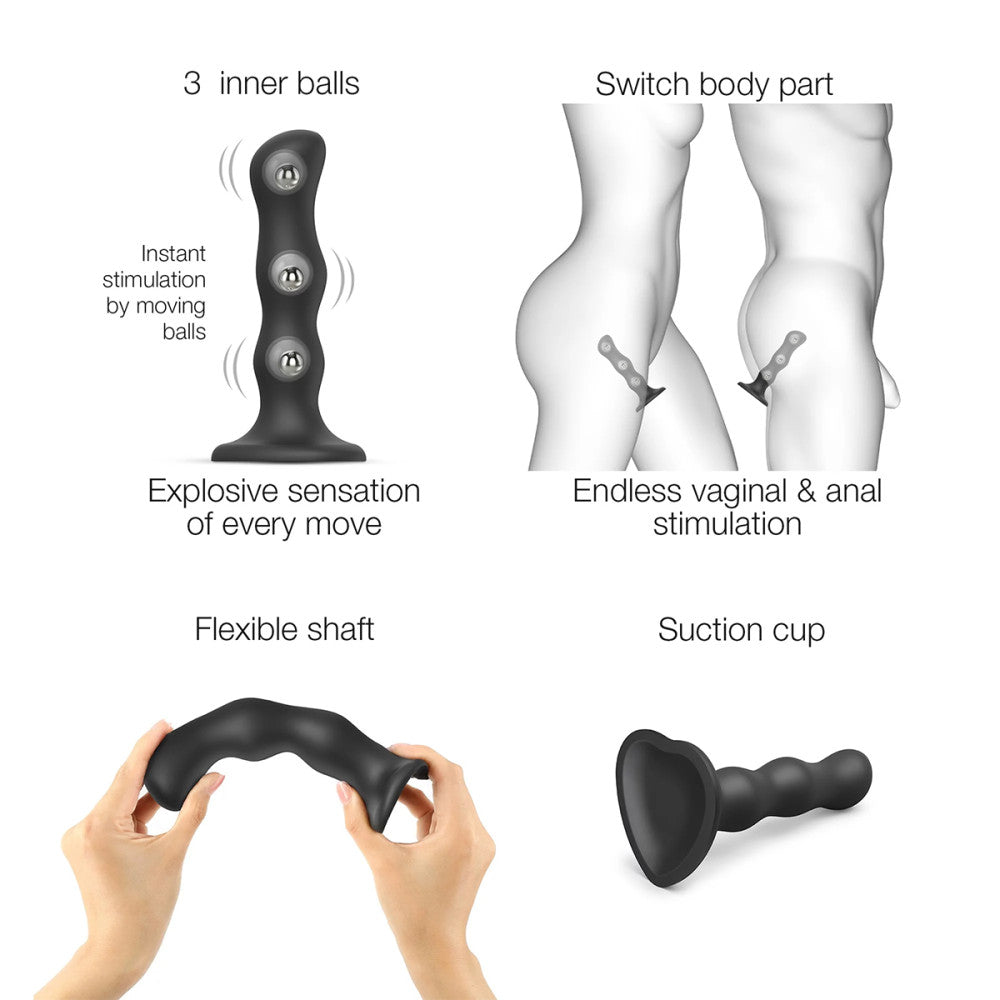 An illustration showing the diversity of uses for the Strap-On-Me Shaking Balls Dildo.