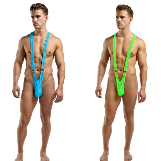 To models, one wearing the turquoise, and the other wearing the lime Euro Sling Suspender Thong.