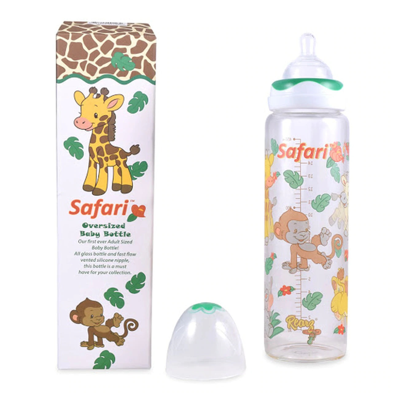 Glass Safari Adult Baby Bottle sitting next to its box.
