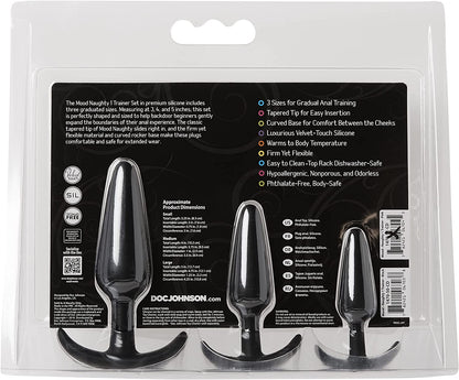 The backside of the packaging for the Mood Naughty Trainer Plug Set.
