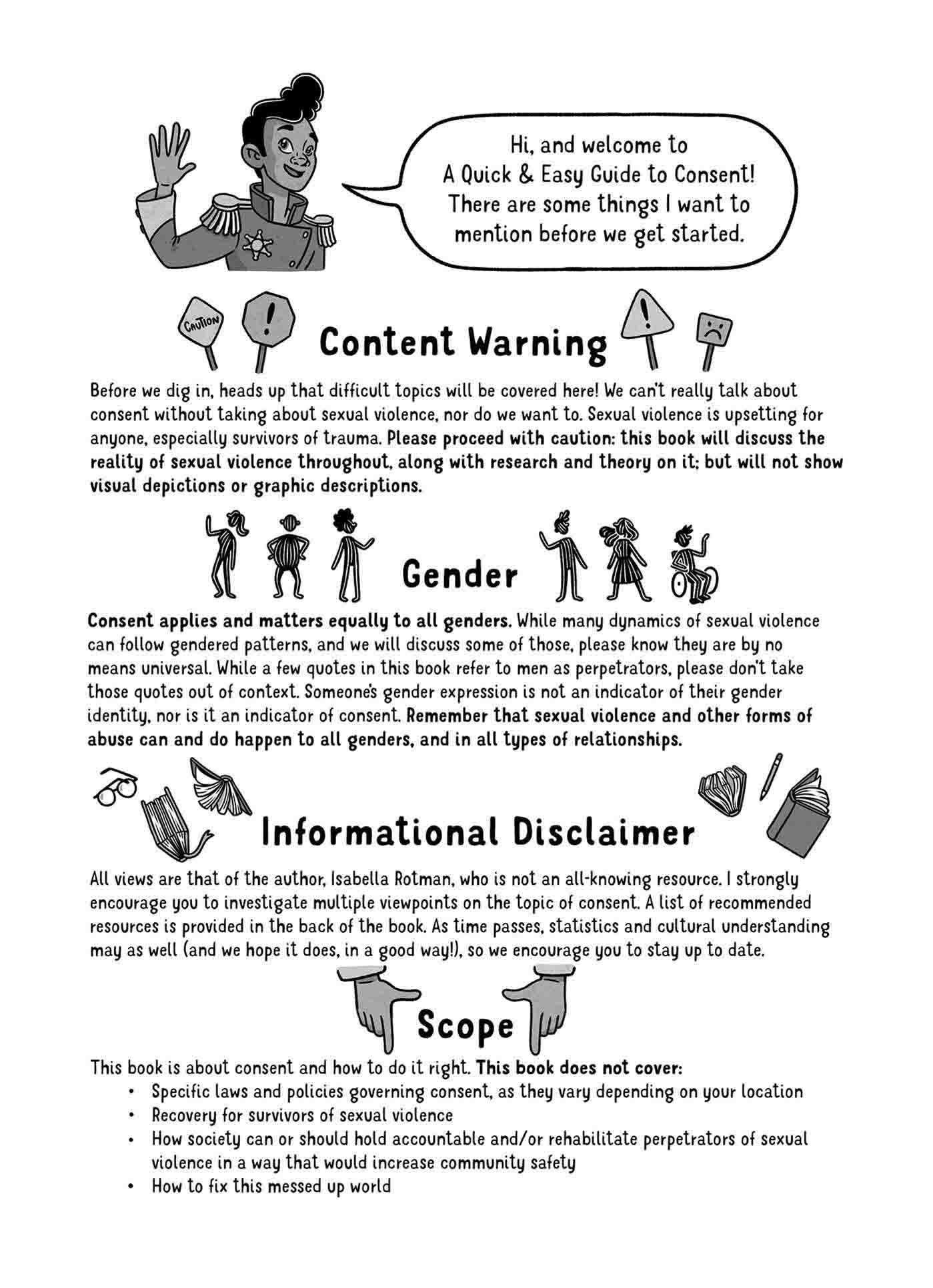 An inside page A Quick & Easy Guide to Consent, with the titles Content Warning, Gender, Informational Disclaimer, and Scope.