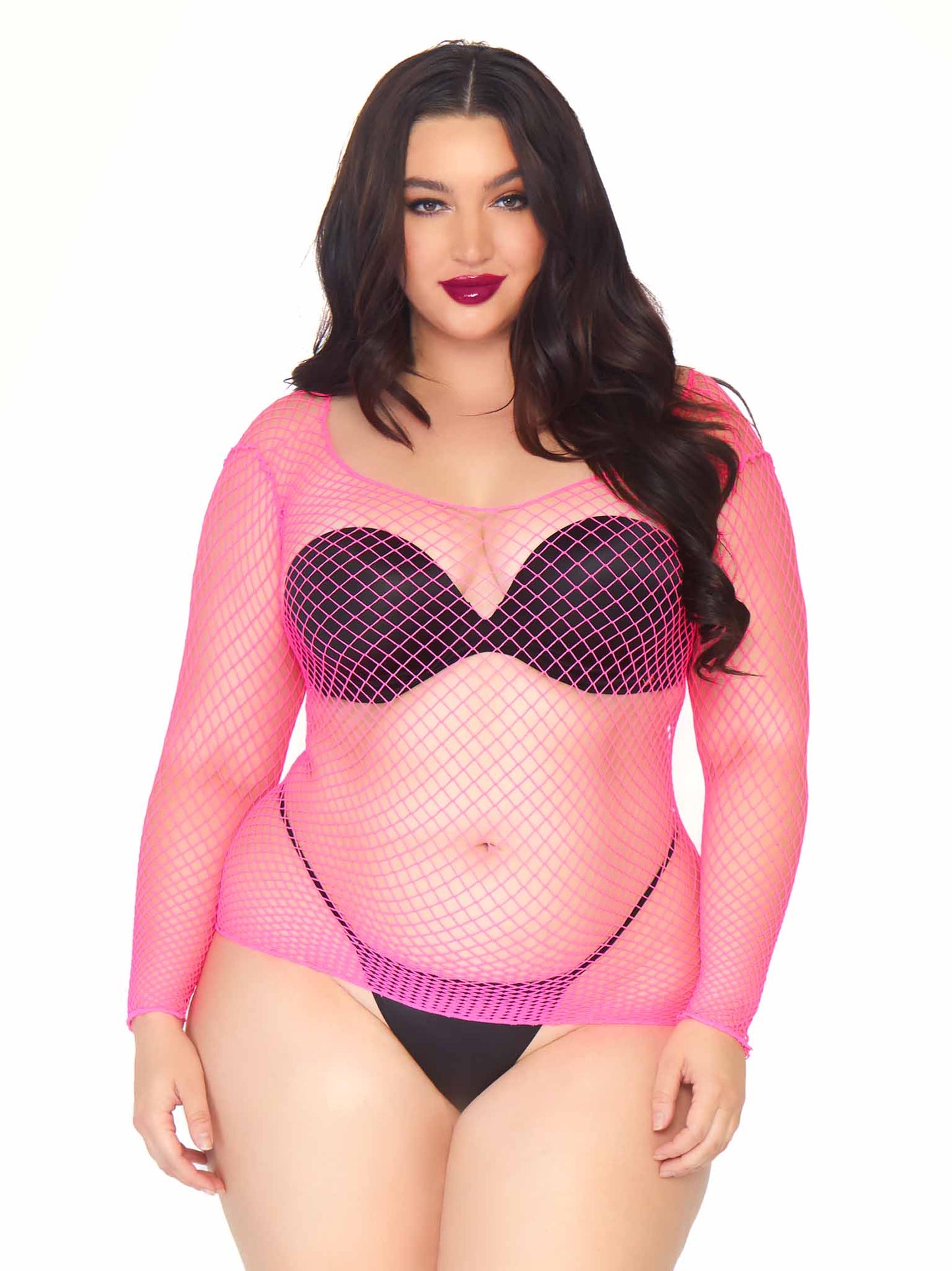 The front of the neon pink Industrial Net Long Sleeve Shirt on plus size model.