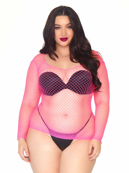 The front of the neon pink Industrial Net Long Sleeve Shirt on plus size model.