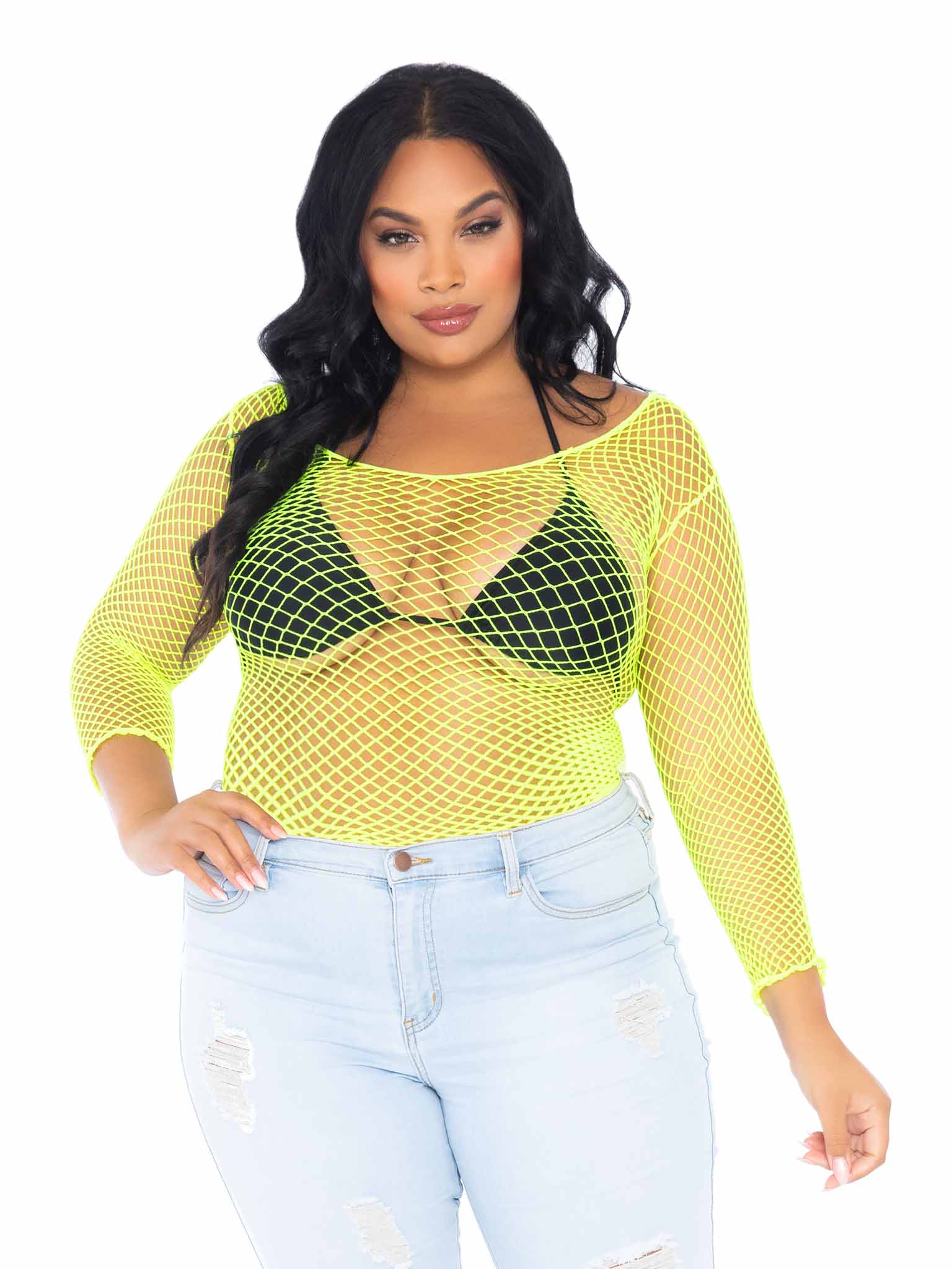 The front of the Neon lime Industrial Net Shirt on plus size model.