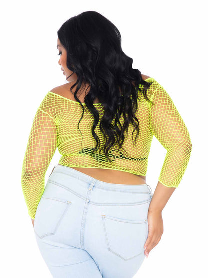 The back of the neon lime Industrial Net Long Sleeve Shirt on plus size model.