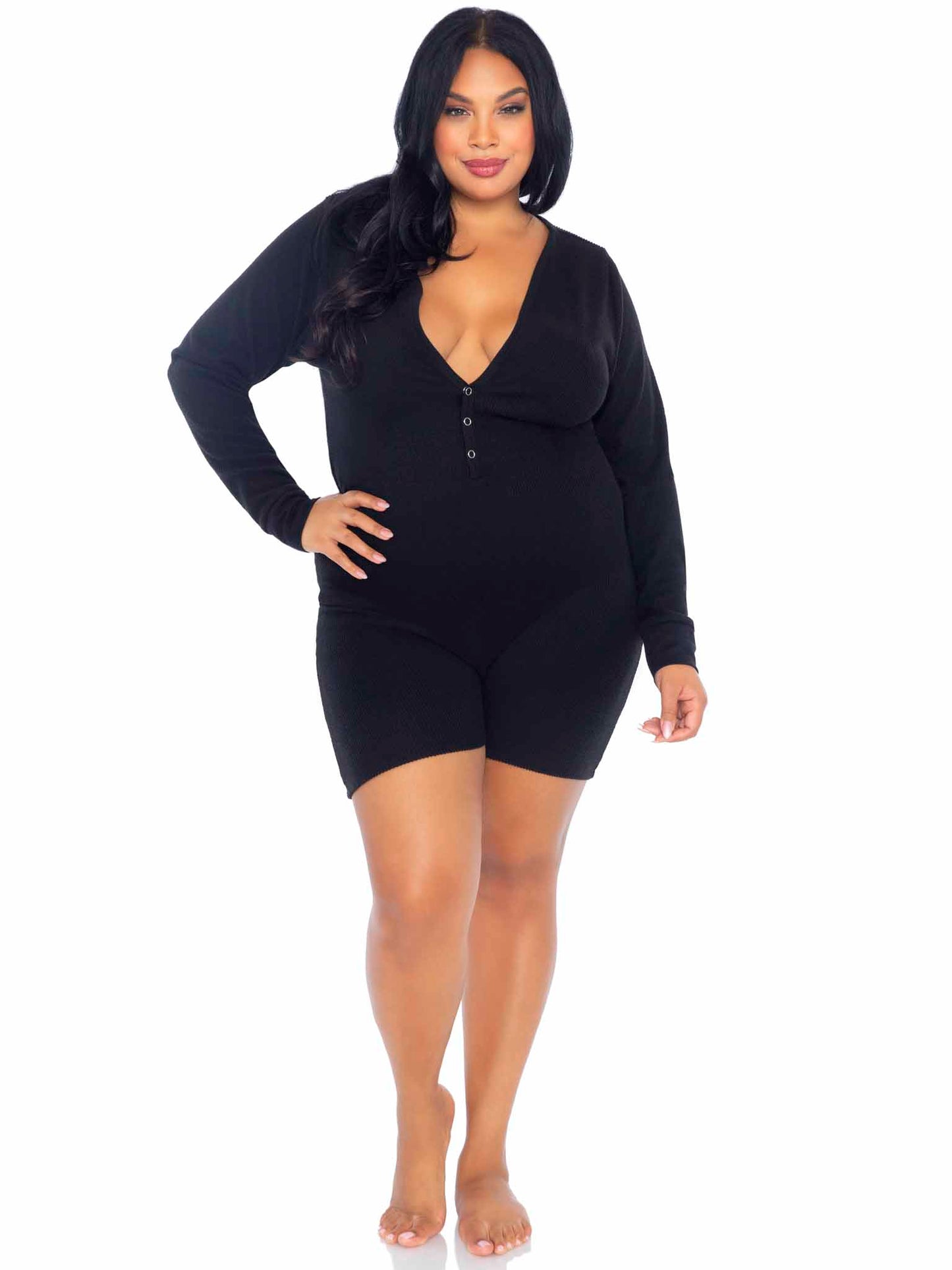 The black plus size Long Johns Romper, front view.