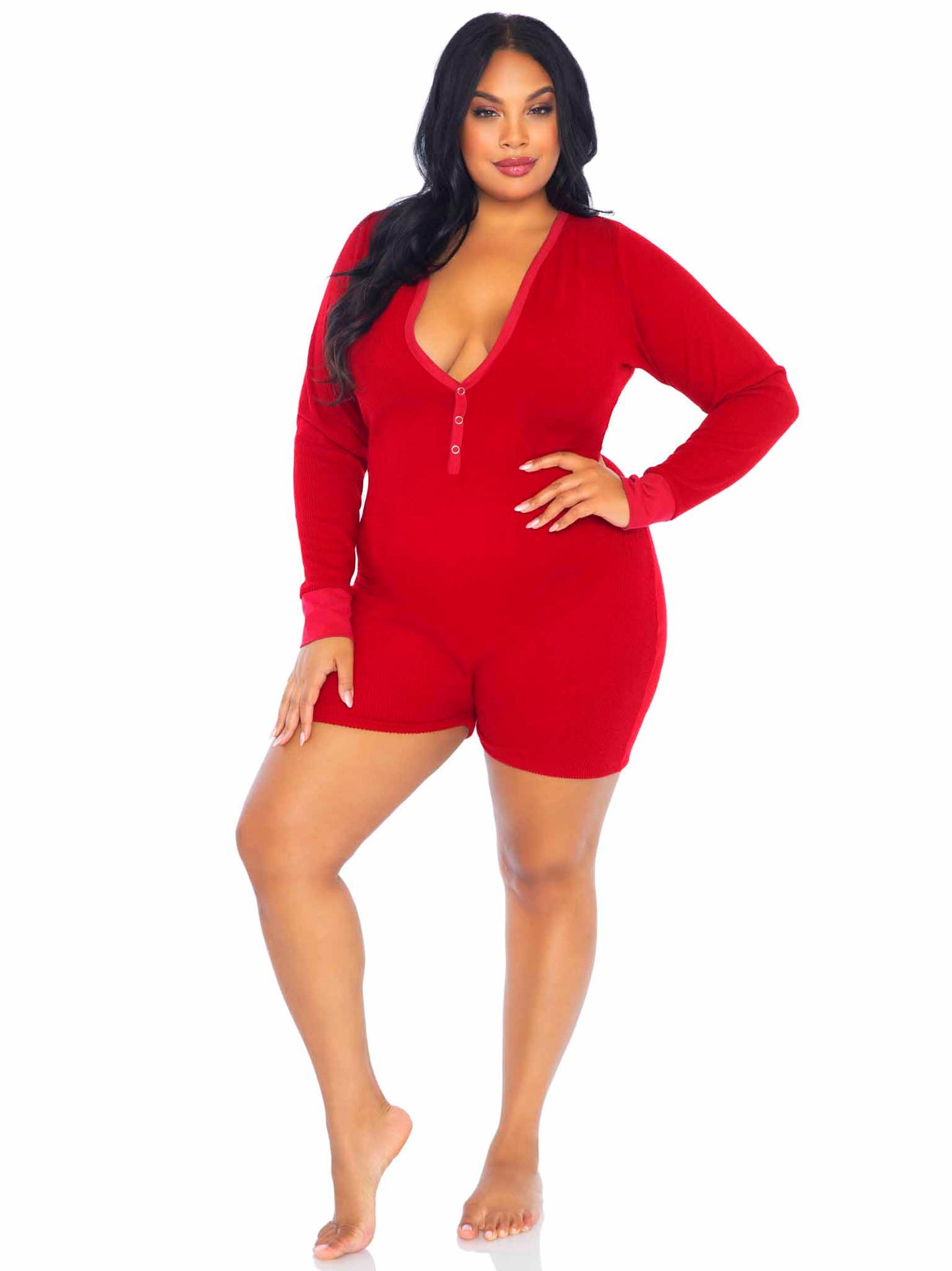 The red plus size Long Johns Romper, front view.