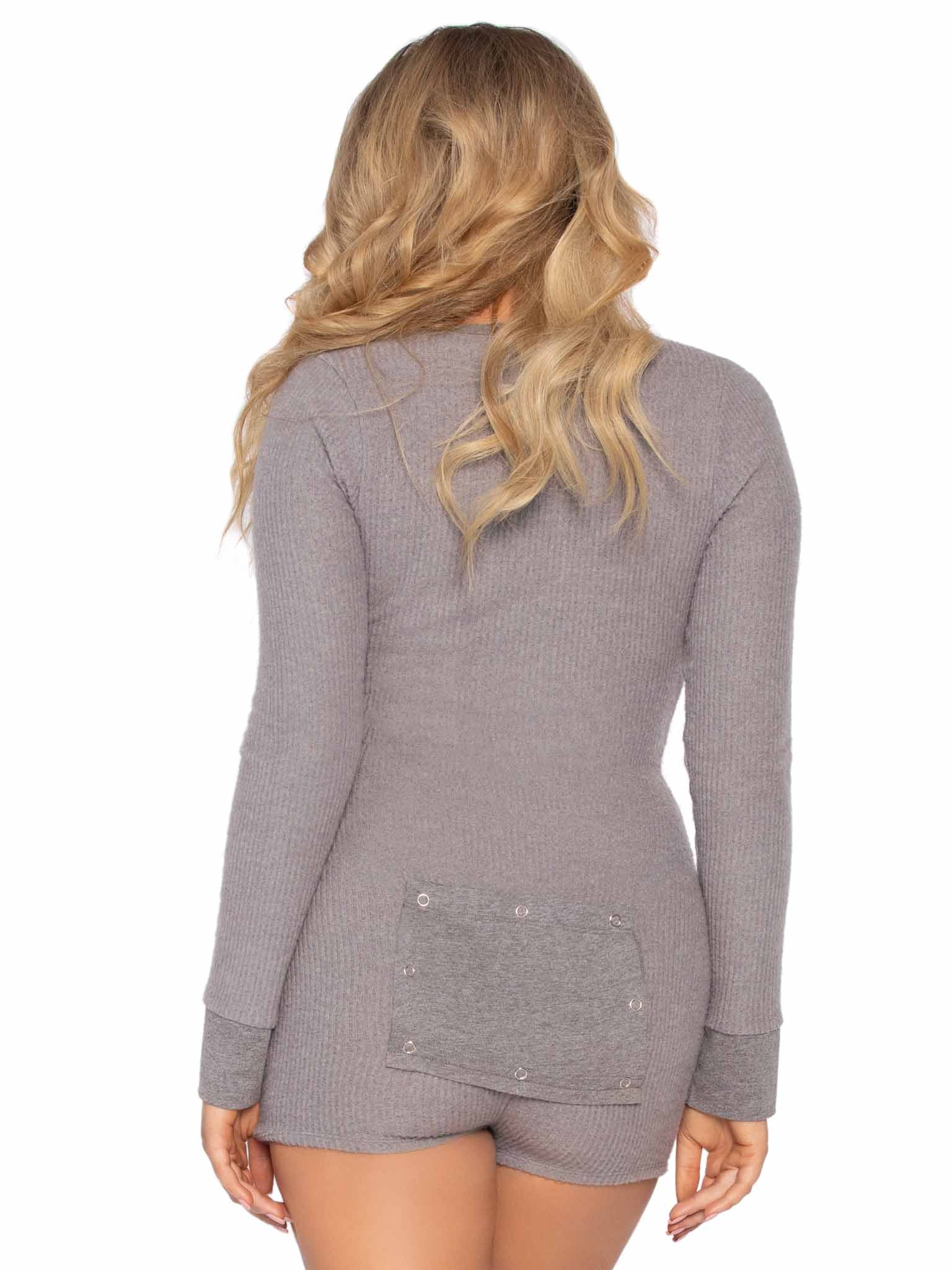 The grey Long Johns Romper, rear view.