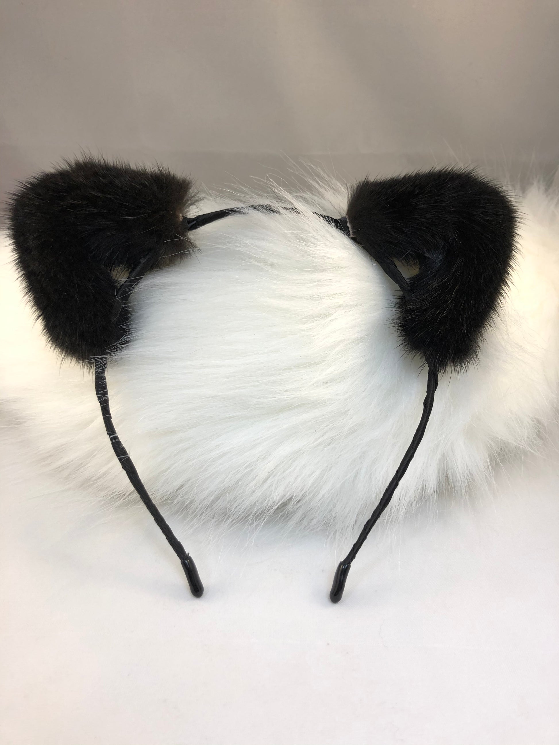 Black mink fur cat ear headband.