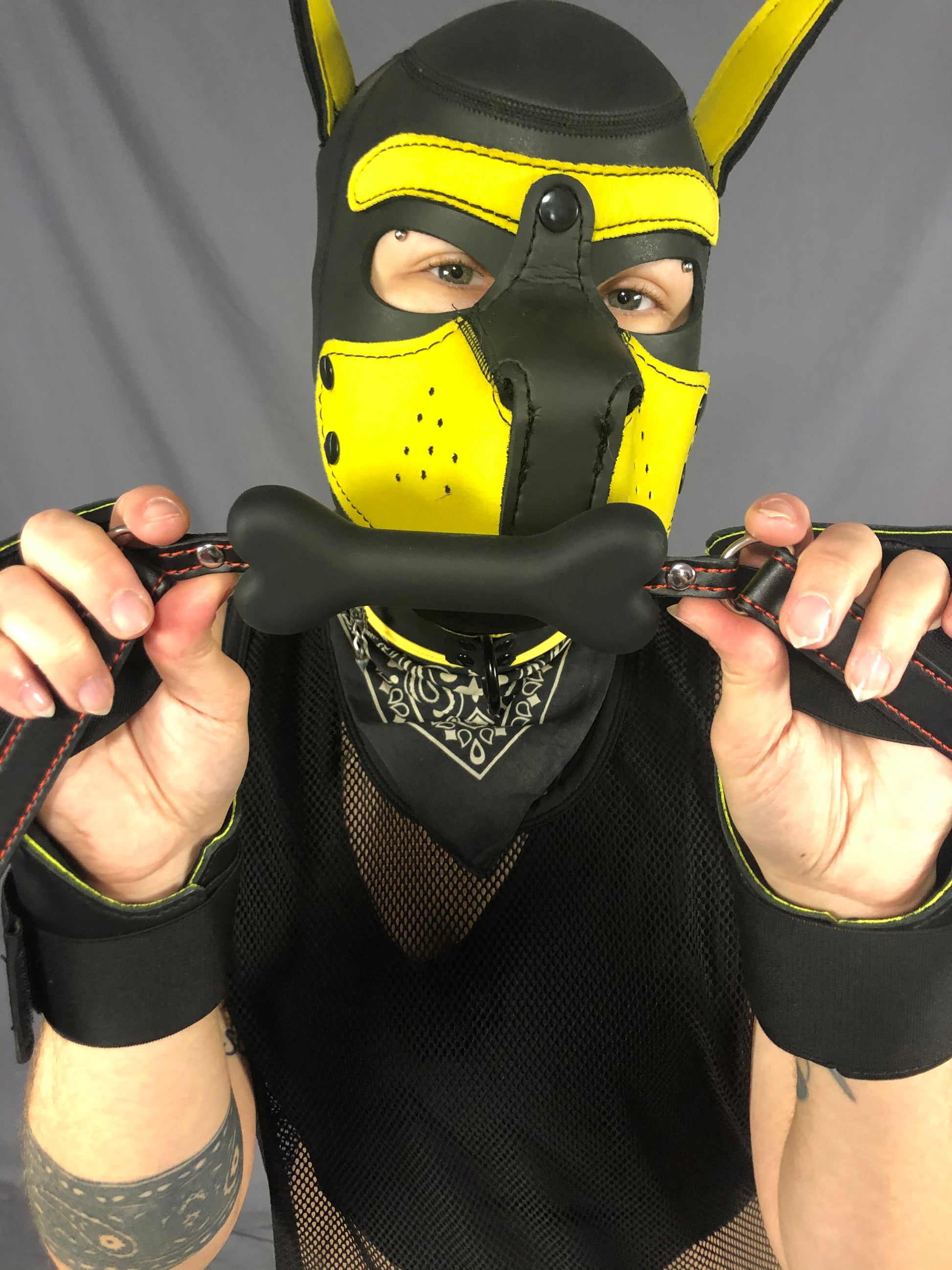 A close up of black silicone bone gag being held up by straps, by a model wearing a black and yellow dog hood.