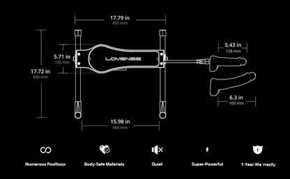 A diagram showing the size specs and measurements of the Lovense Bluetooth Sex Machine and included dildos.