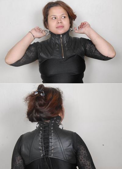 A split photo with a feminine looking model showing the front of the leather neck corset on the top and the back of the corset on the bottom.