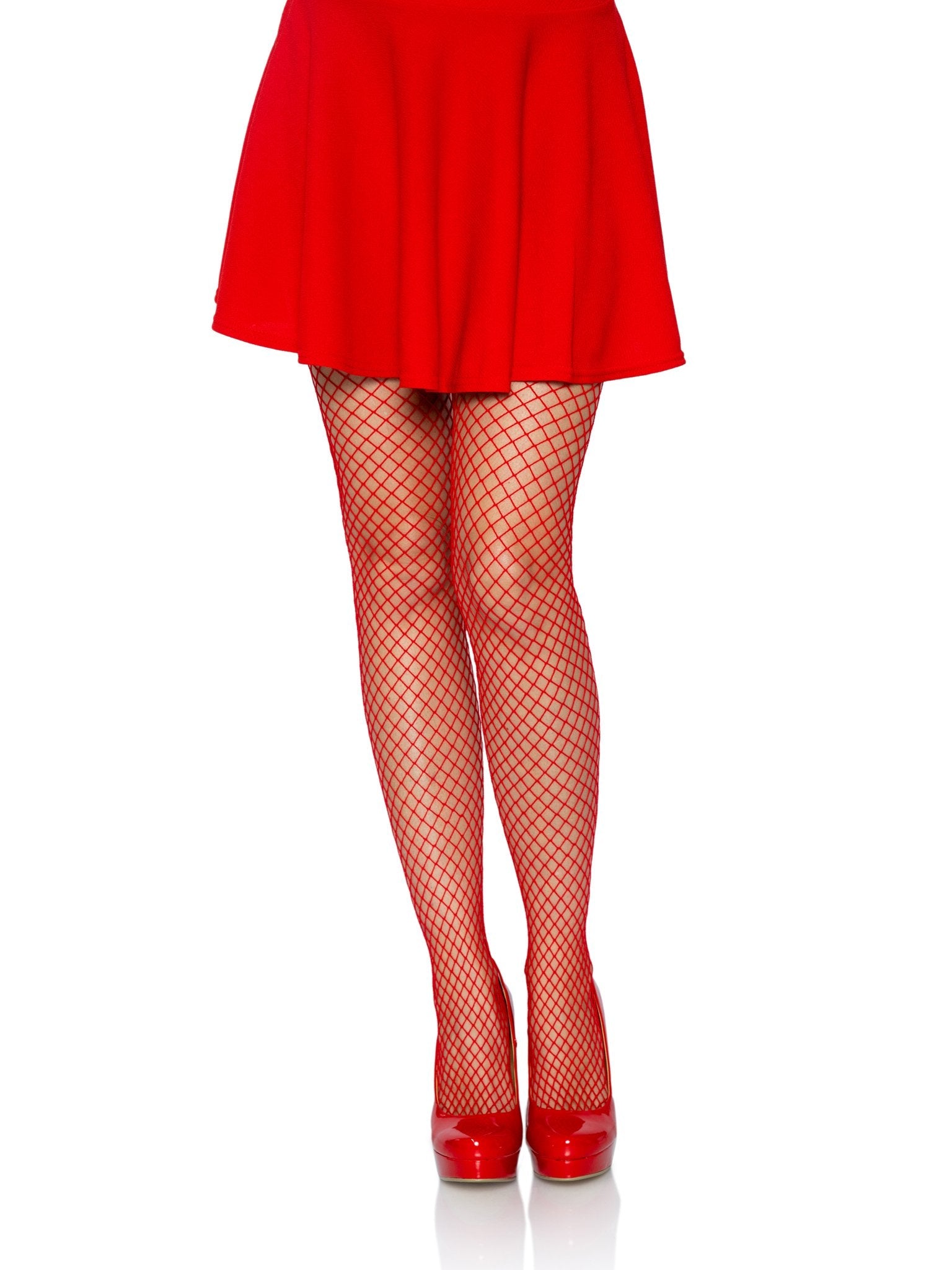 Spandex Industrial Net Pantyhose in red on model, front view.