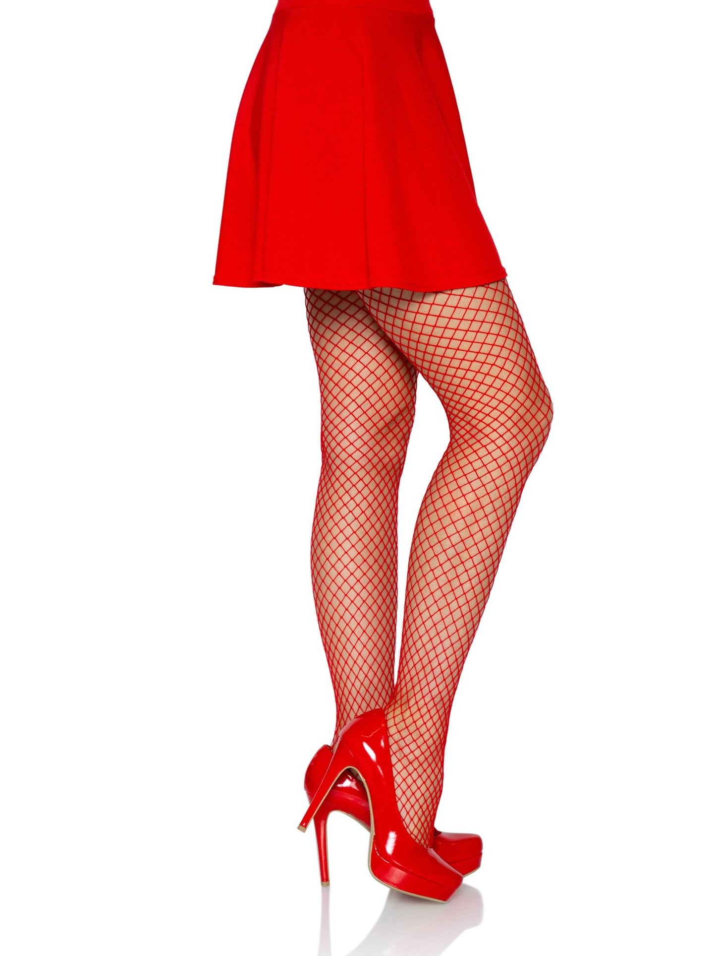 Spandex Industrial Net Pantyhose in red on model, right side view.