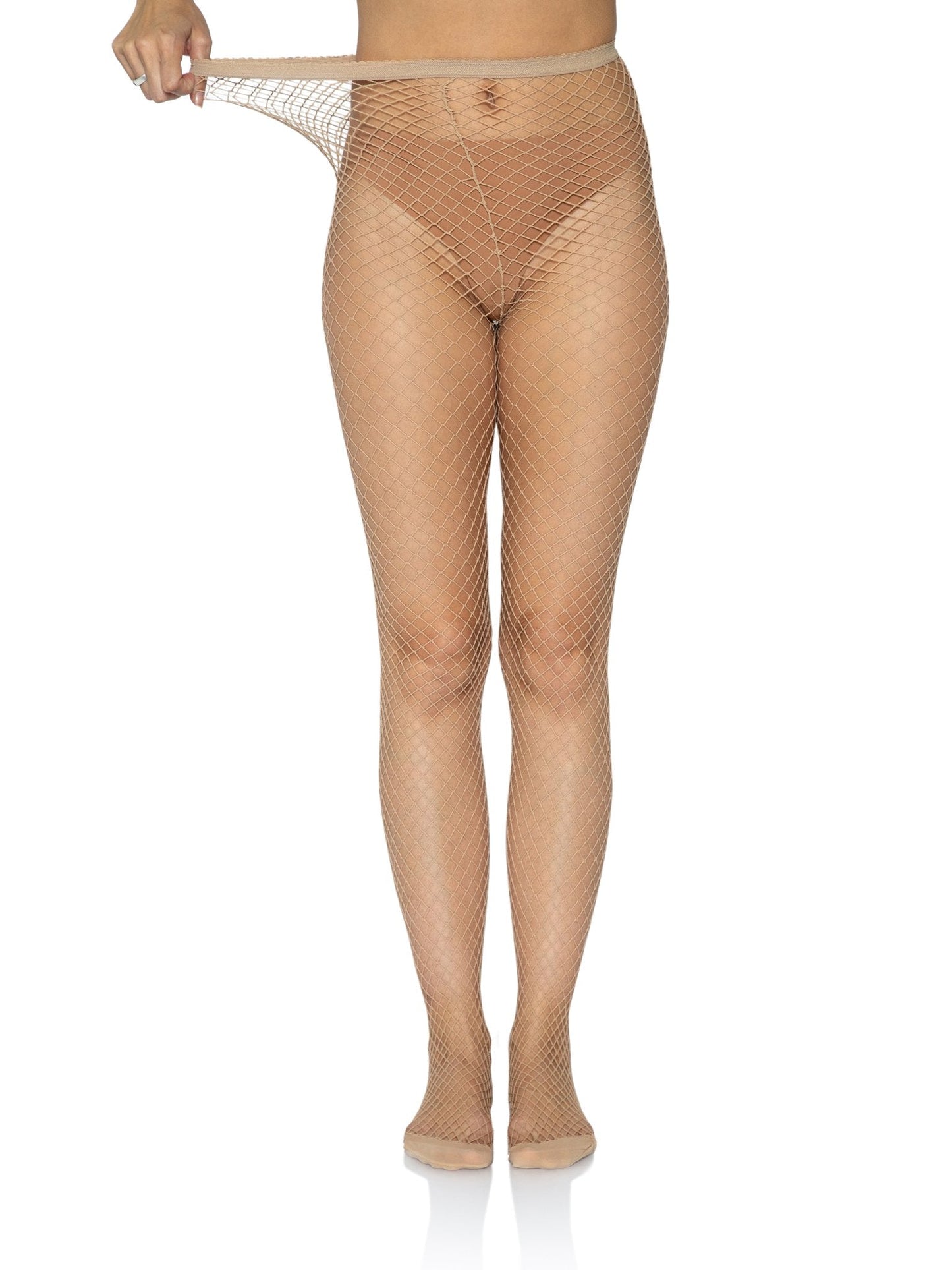 Spandex Industrial Net Pantyhose in beige on model, front view.