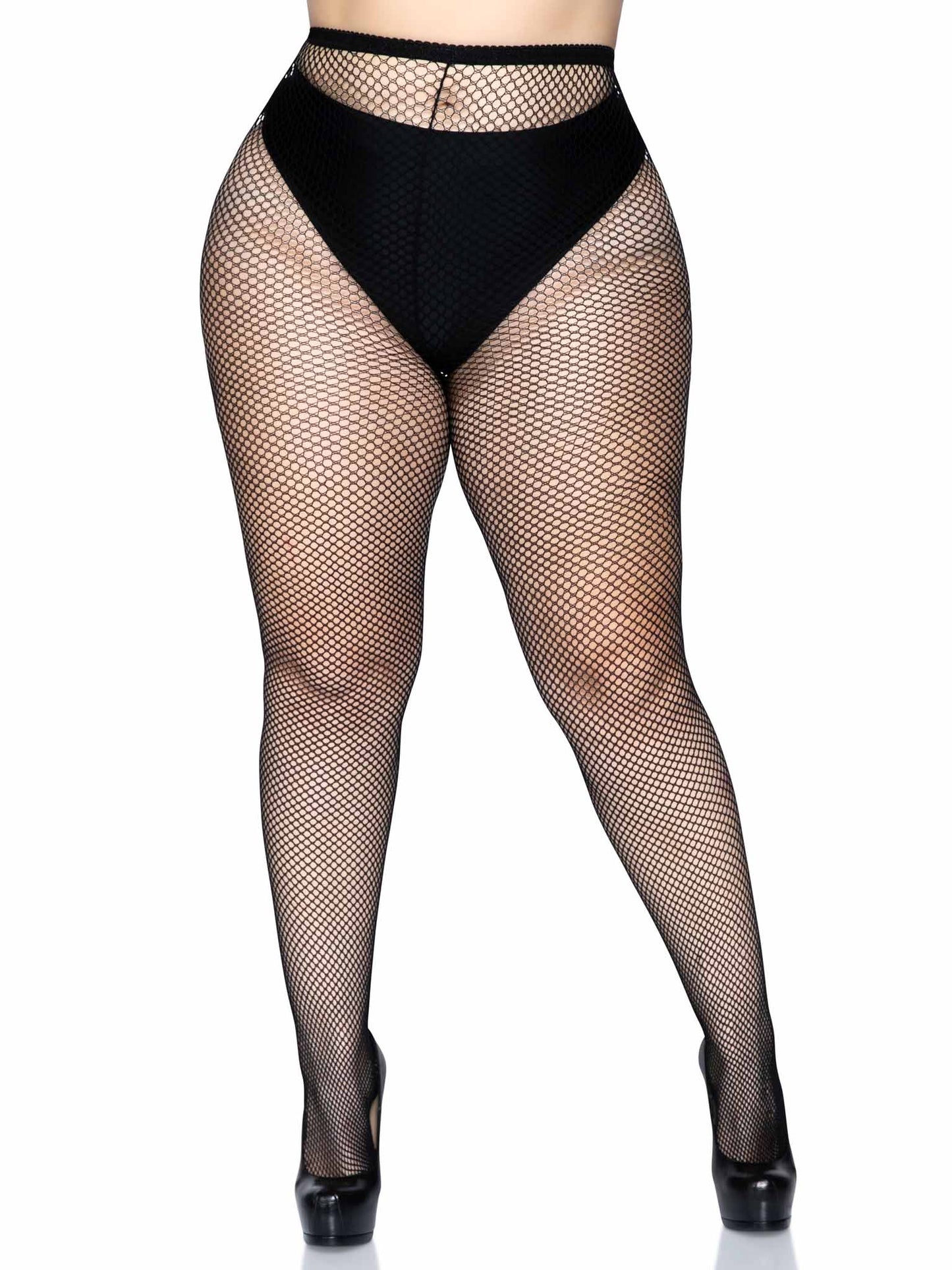 A model wearing the black plus size Spandex Fishnet Pantyhose .