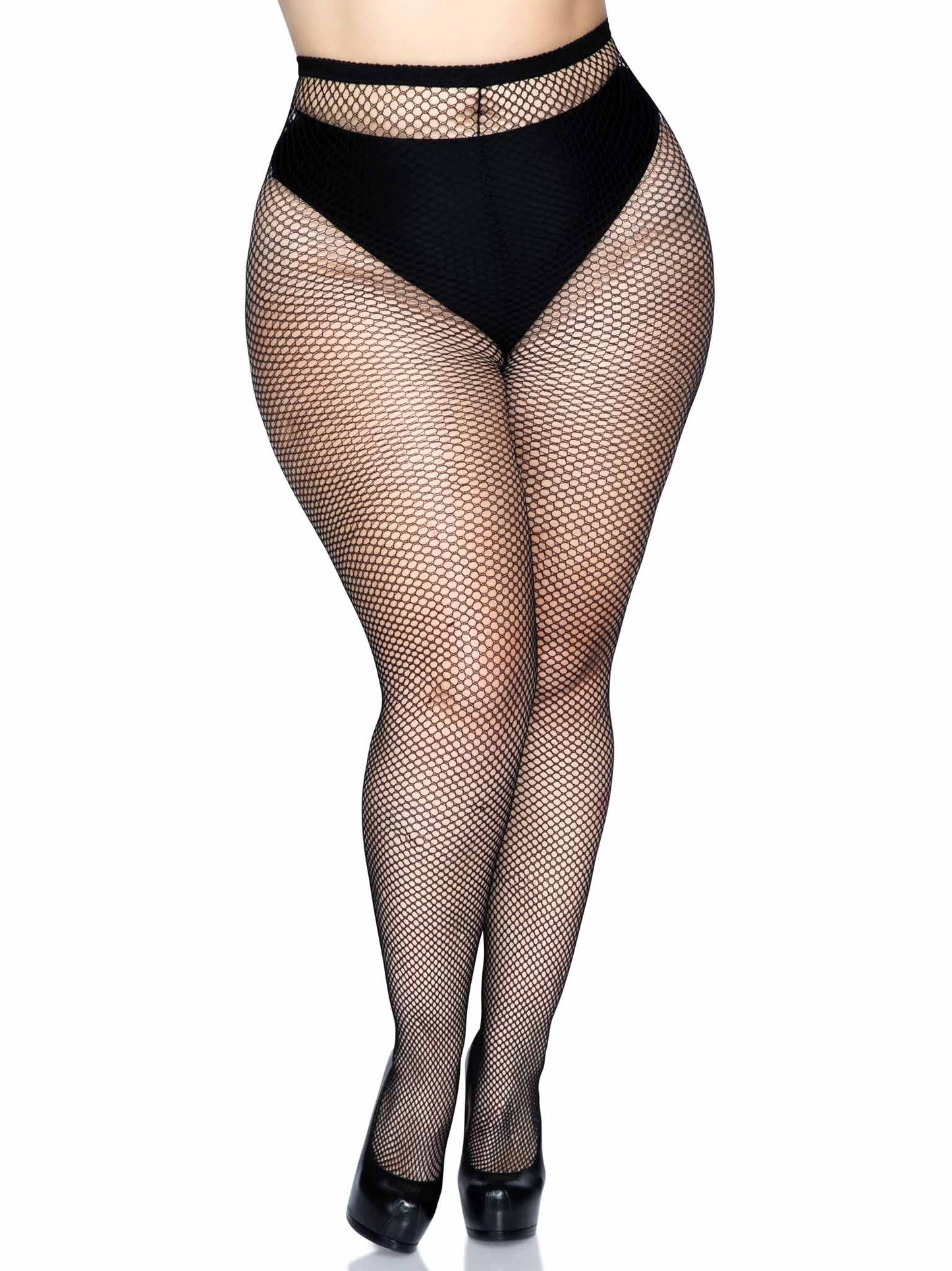 Plus size model showing the back of the front Fishnet Pantyhose with Back Seam.