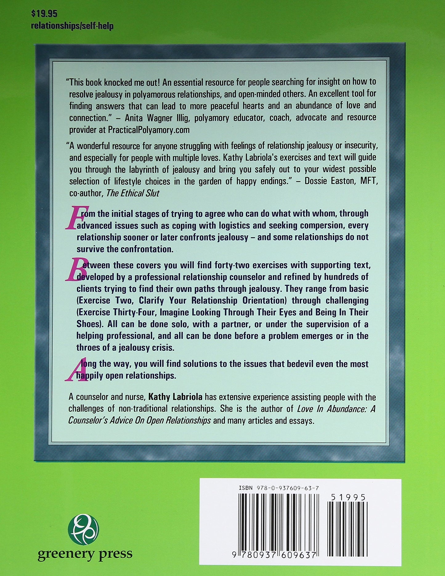 The back cover of The Jealousy Workbook Kathy - Labriola.