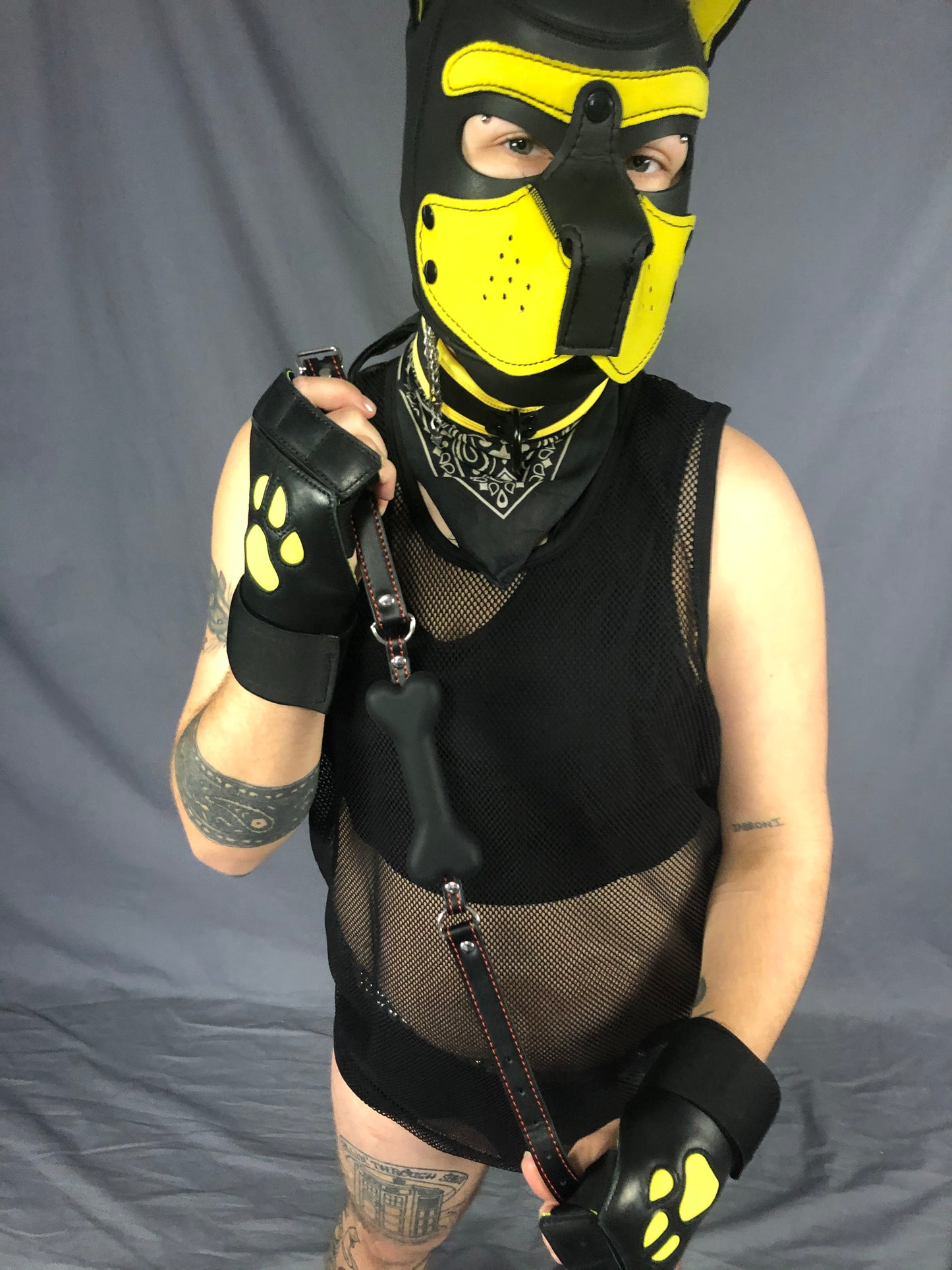 The black silicone bone gag being held up by straps, by a model wearing a black and yellow dog hood.