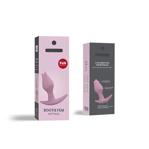 The packaging for the Bootie Fem Plug in Rose color.