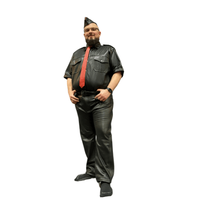 Model wearing cowhide Levi jeans , short sleeve leather shirt, leather garrison cap with red piping, and red leather necktie