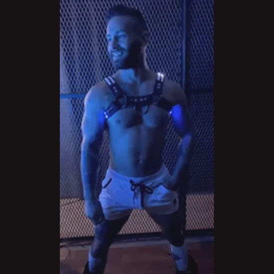 A video of the Rave Bulldog Harness lighting up on model in multi-color mode.