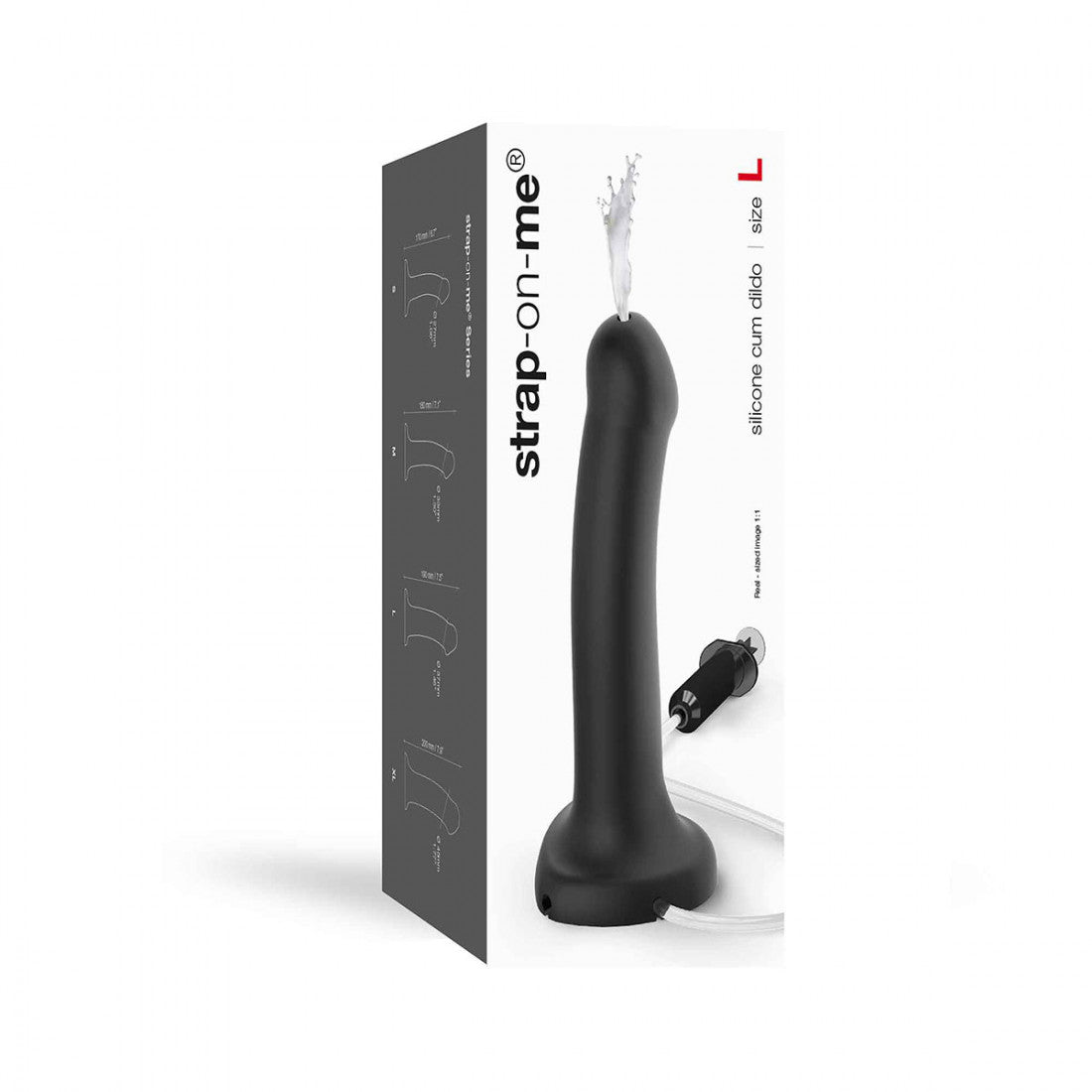 The packaging for the black Strap-On-Me Cum Dildo.