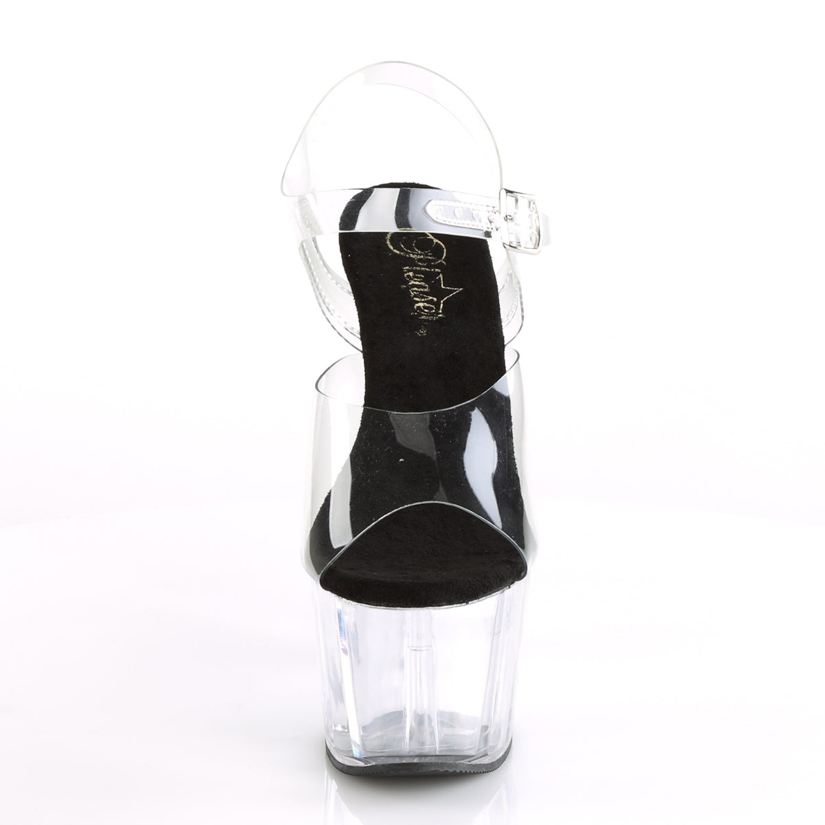 The front of the 7" Adore Clear and Black Ankle Strap Heels.
