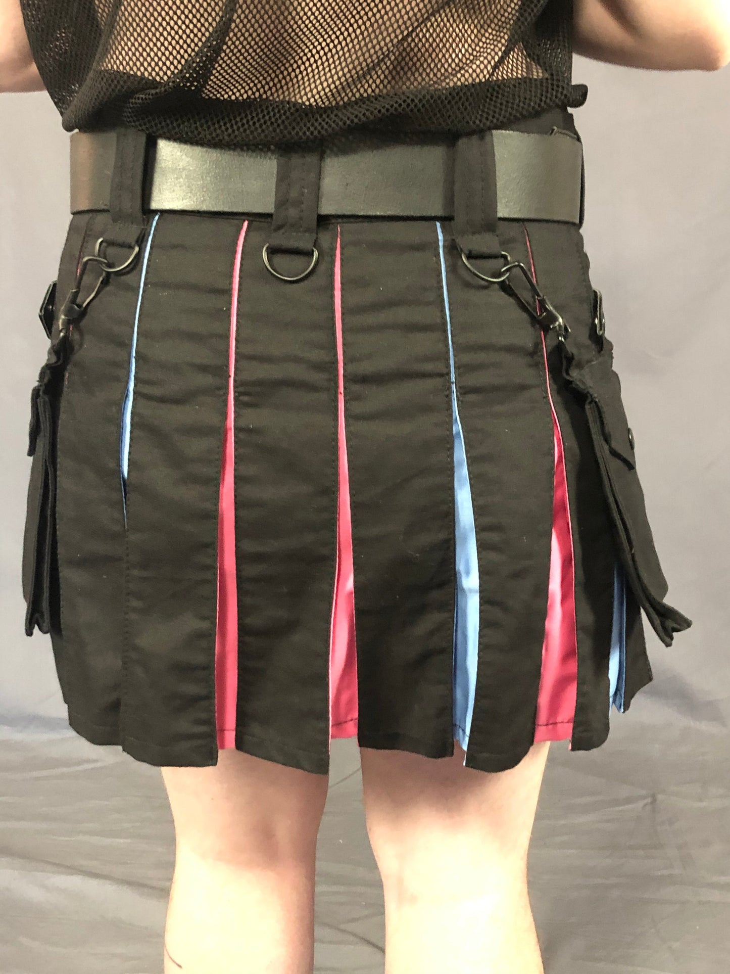 Close up of back of Mini trans pride flag heritage kilt.