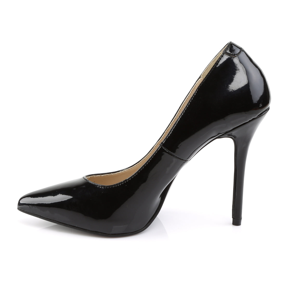 Black patent leather 5" Amuse Pump left side view.