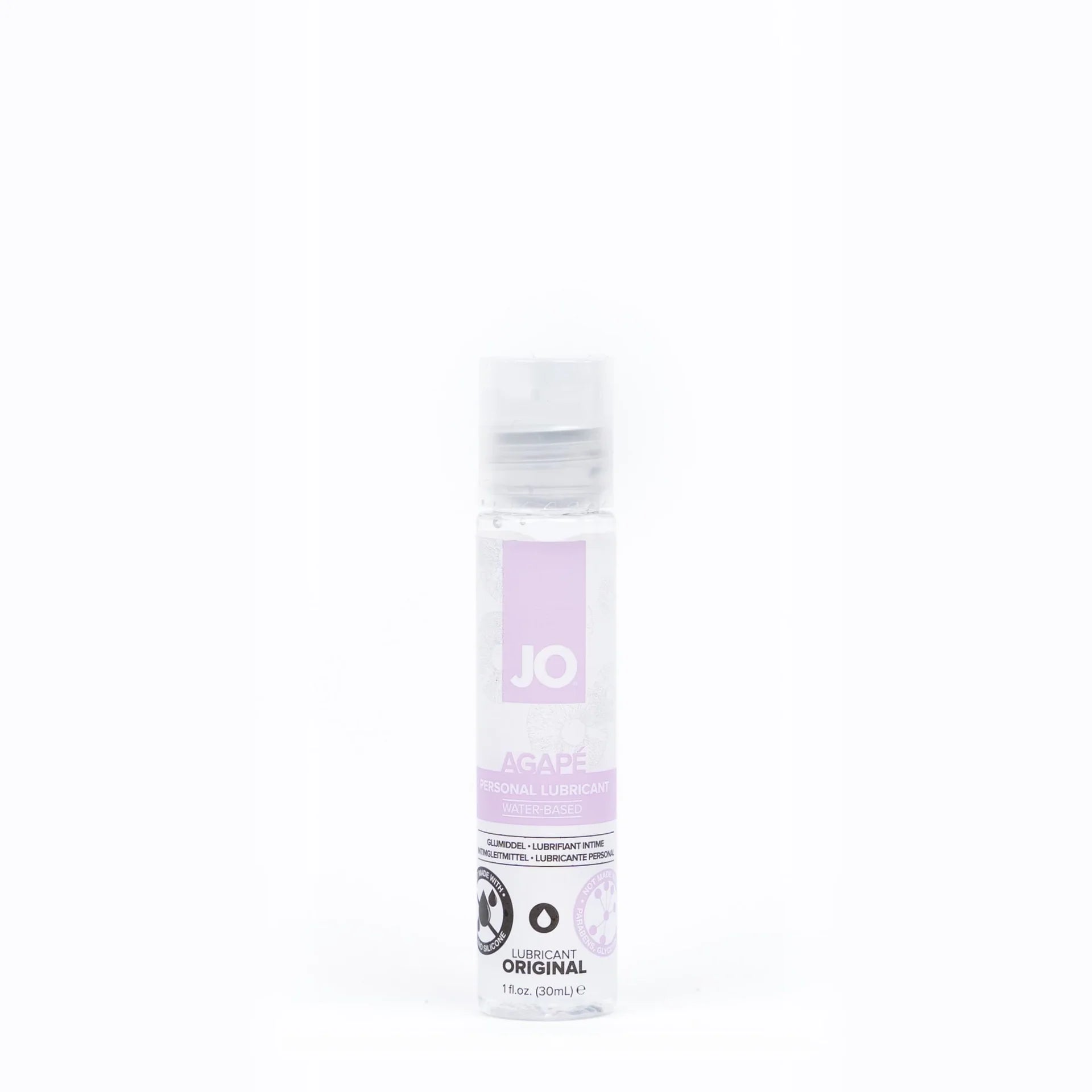 A small 1oz bottle of Jo Agape lubricant with a snap top and lavender graphics.