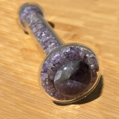 Crystal healing stone basix delight dildo positioned to show the amethyst stone on the base.
