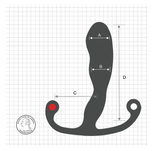 A diagram showing the size of the Aneros Helix Syn Trident Prostate Massager.