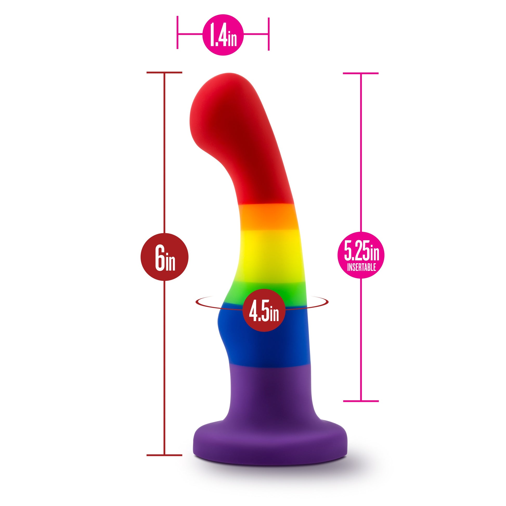 The size dimensions of the Freedom Gay Avant Pride P/G-Spot Dildo; 6" x 5.25" x 1.4".