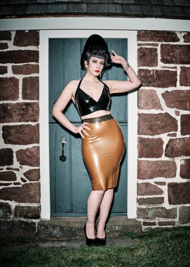 The front of the Lace Trimmed Latex Peep Skirt.