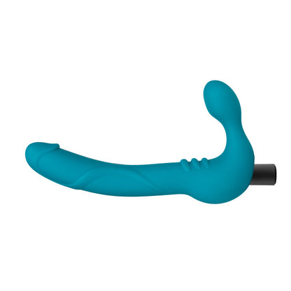 The Luna Teal Temtasia Double Strap-in Dildo with vibrating bullet inserted.